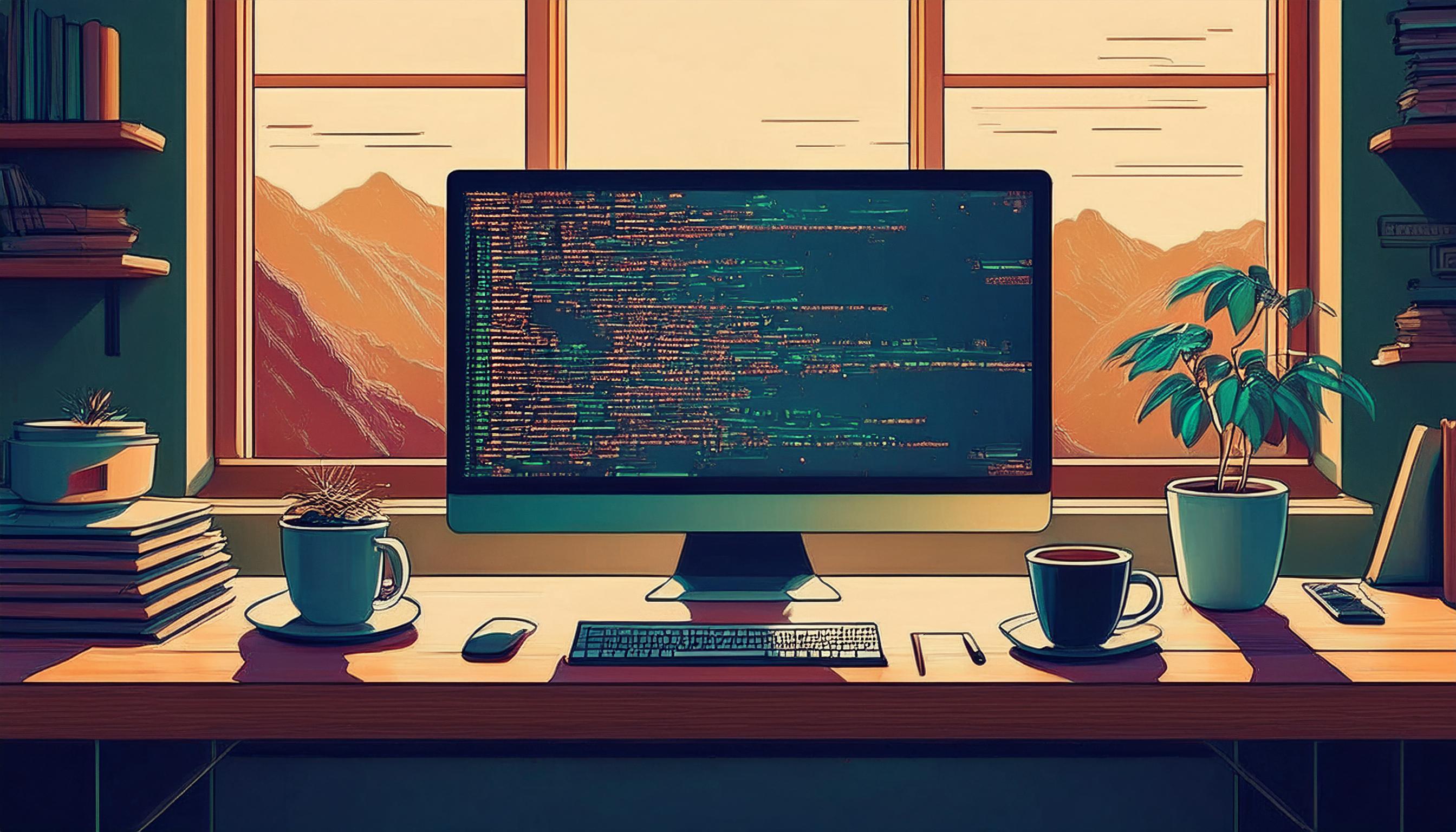 Illustration d'un bureau avec une tasse de café, un ordinateur et une fenêtre qui donne sur des montagnes